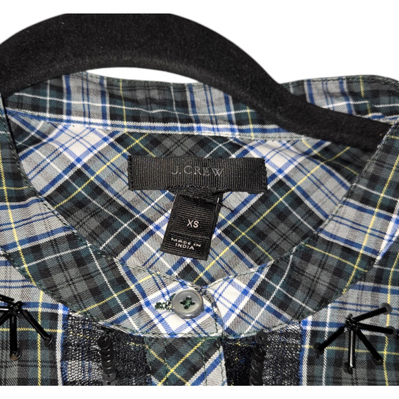 J Crew Womens XS Plaid Button Up Shirt Sequins Green Blue Round Hem Lace Casual - Picture 2 of 11